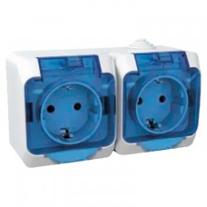 ⚡ Двойная наружная розетка с заземлением, шторками и защитной крышкой Cedar Plus 16A IP44 белая с синим (WDE000525)