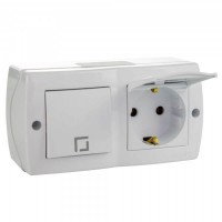 Выключатель одноклавишный + розетка с крышкой и заземлением серии Octans. Цвет Белый