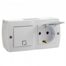 Выключатель одноклавишный + розетка с крышкой и заземлением серии Octans. Цвет Белый