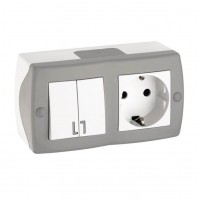 Вимикач двоклавішний + розетка з заземленням серії Octans (Mono Electric). Колір Сірий